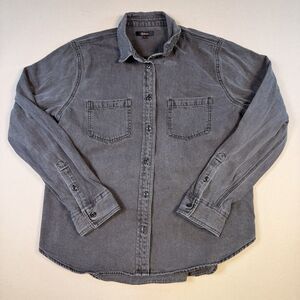 Quince Distressed Denim Shirt Womens L Washed Black Cotton Button Up Minimalist